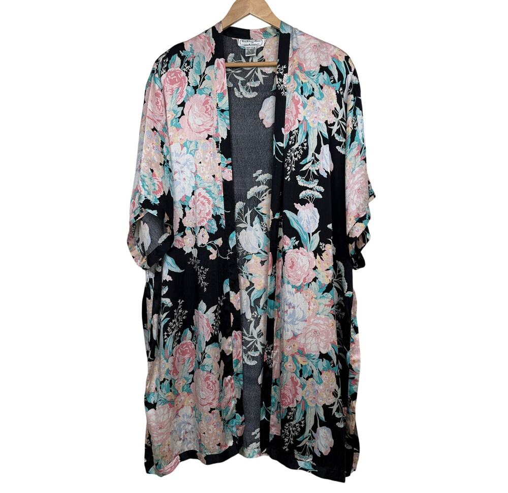 Vintage 100% Silk Floral Short Sleeve Kimono-Style Robe One Size 90s Cottagecore